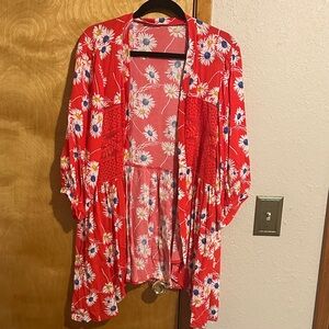 Red Floral Open-Front Kimono Cardigan